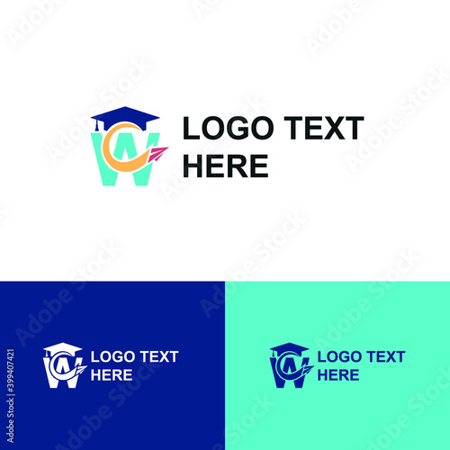 Initial letter W with toga hat  graduation gown and paper plane flying around for education academy logo concept 