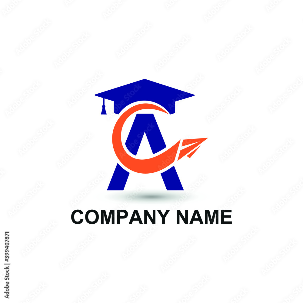 Initial letter A with toga hat graduation gown and paper plane flying around for education academy logo concept Initial letter A with toga hat graduation gown and paper plane flying around for education academy logo concept