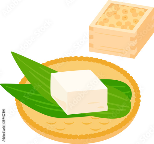 ザルに乗った豆腐と升に入った大豆