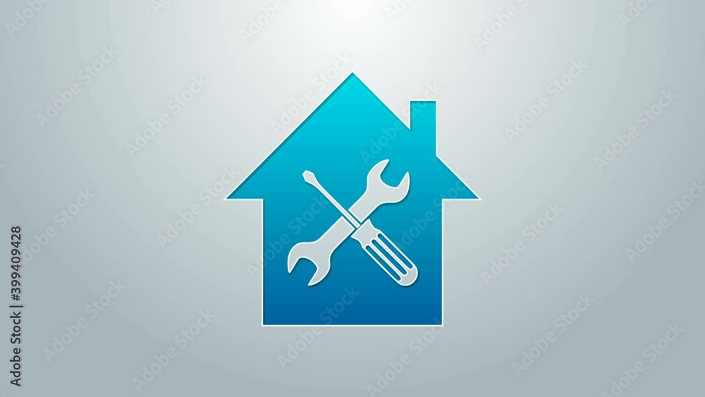Blue line House or home with screwdriver and wrench icon isolated on grey background. Adjusting, service, setting, maintenance, repair, fixing. 4K Video motion graphic animation Blue line House or home with screwdriver and wrench icon isolated on grey background. Adjusting, service, setting, maintenance, repair, fixing. 4K Video motion graphic animation