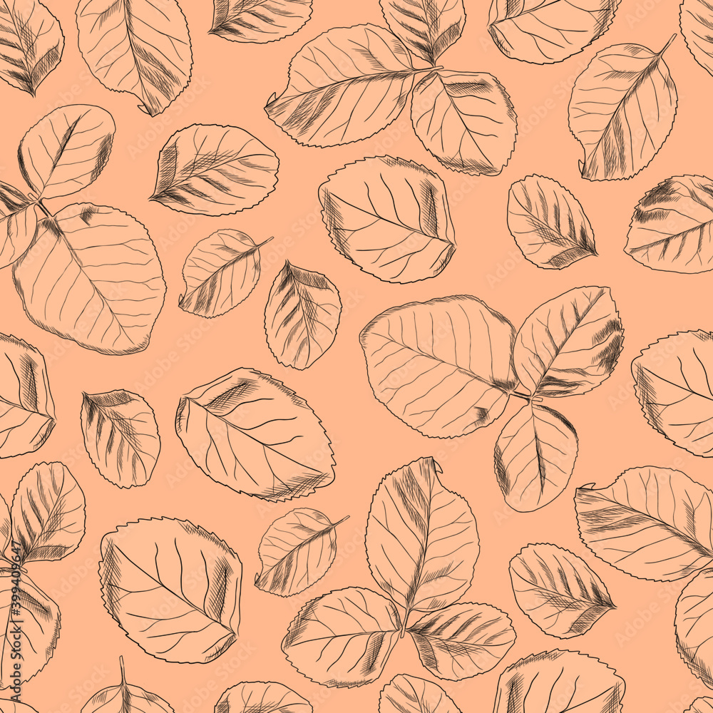 Rose leaves hand-drawn on a beige background. Seamless pattern.