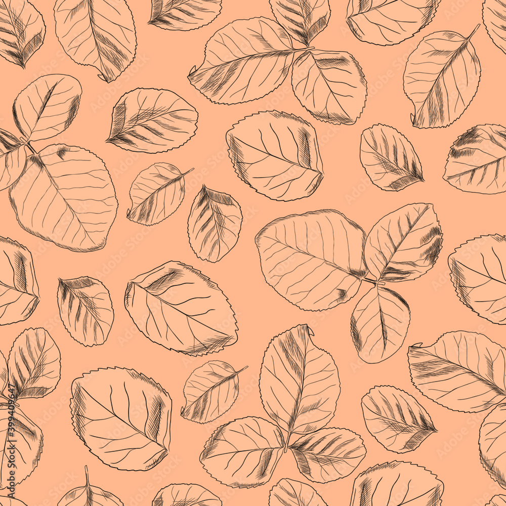 Rose leaves hand-drawn on a beige background. Seamless pattern. Rose leaves hand-drawn on a beige background. Seamless pattern.