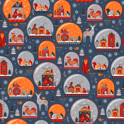 Christmas snow balls with fairy tale microcosms. Scandinavian houses, cute animals and birds.