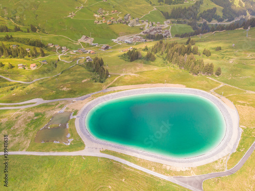 Aerial view of mountain lake, Les Crosets, Switzerland. photo