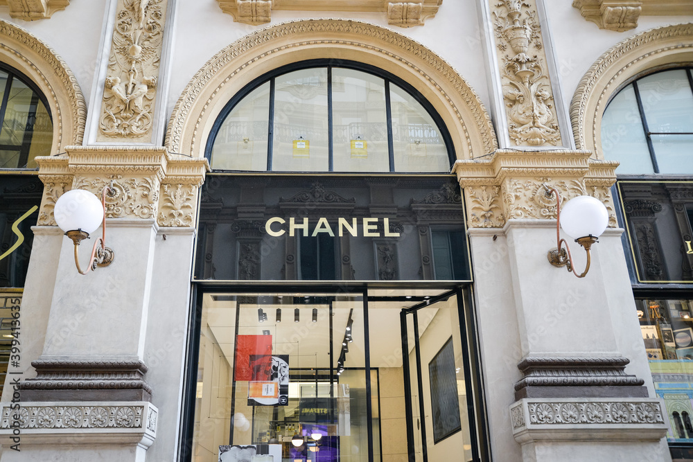 Milan, Italy - September 21, 2018: Chanel store in Milan. Montenapoleone  area. Fashion week Chanel shopping. Stock Photo
