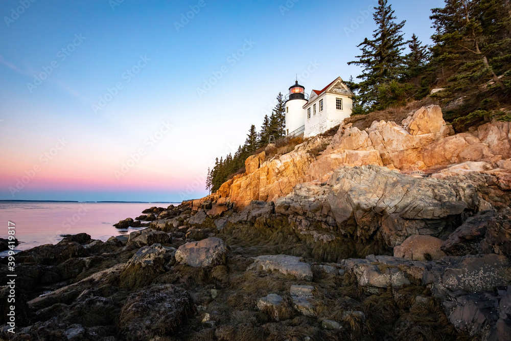 Scenic view of Bass Harbor lighthouse in Maine, Acadia Scenic view of Bass Harbor lighthouse in Maine, Acadia