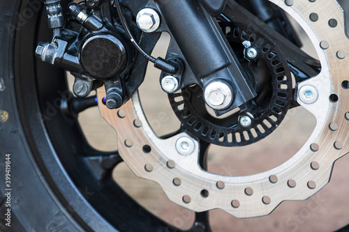 close up of motorcycle disc brake