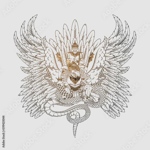 Balinese golden Garuda Bird and god Vishnu line art style
