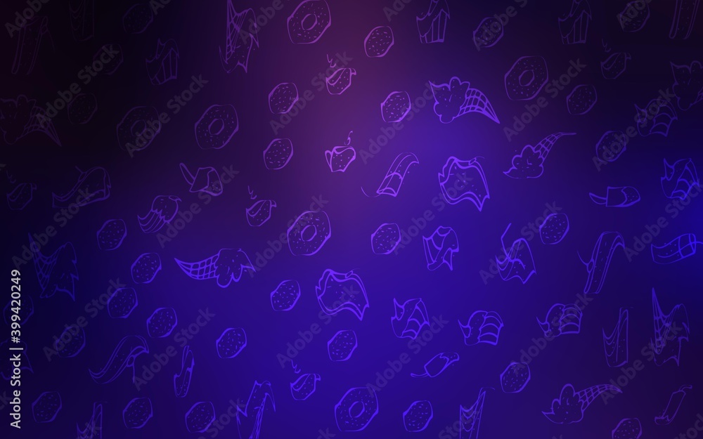 Dark Purple, Pink vector template with sweet snacks. Illustration with set of sweet food in doodle style. Template of children's food in cafe. Dark Purple, Pink vector template with sweet snacks. Illustration with set of sweet food in doodle style. Template of children's food in cafe.