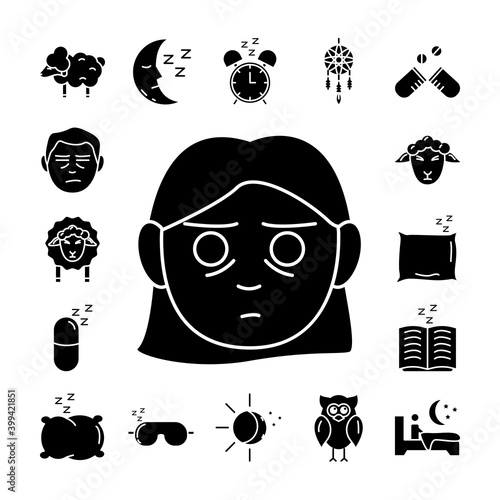 woman and bundle of insomnia set icons