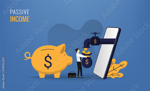 Passive income concept with businessman and his smartphone symbol. Coins come out from the phone vector illustration