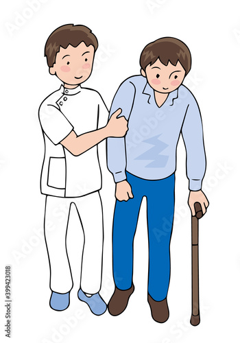 杖歩行する男性と介助者