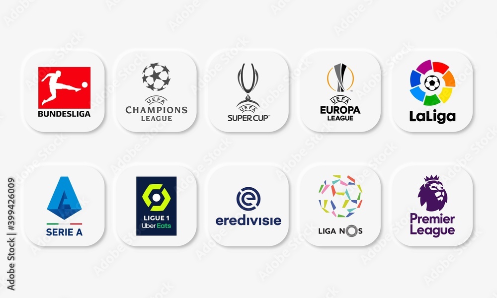 Vector illustration of popular european league web buttons. UEFA Champions  League, Bundesliga, La Liga, Serie A, Premier League and UEFA Europa League.  Neomorphism style. For editorial use. Stock Vector | Adobe Stock