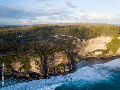 Aerial view of Uluwatu Temple  Pura Luhur Uluwatu  Balinese Hindu temple located in Uluwatu sea. It is renowned for its magnificent location  perched on top of a cliff.