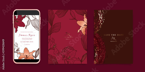 Luxury Social Media Wedding invite frame templates. Vector background. Mockup for social media banner. mobile Floral golden collage layout design.