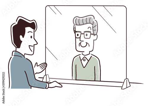 ベクターイラスト素材：コロナ対策、パーテーション、窓口、接客、受付、対応
