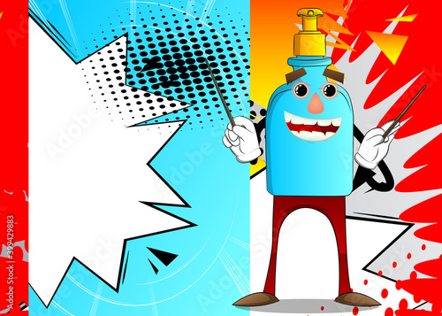 Cartoon bottle of hand sanitizer gel for hygiene with face as an orchestra conductor.