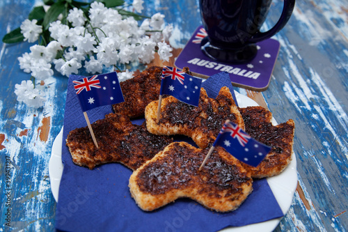Plate of Australia Day toast with vegemite, the iconic Australian savoury spread.