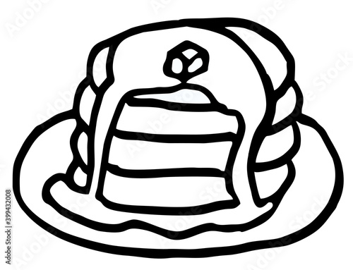 Icon of pancakes with butter on a plate, food painted in black and white on a white background. Vector image