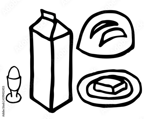 Icon set for Breakfast bread butter milk egg, food painted in black and white on a white background. Vector image