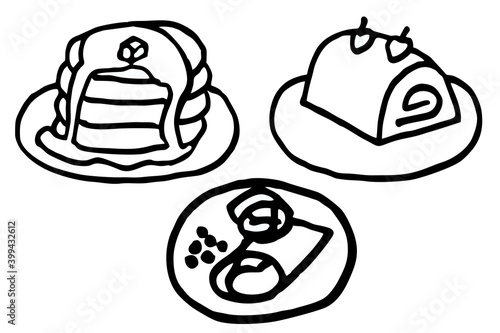 Icon set of pancakes and cake rolls, dessert painted in black and white on a white background. Vector image