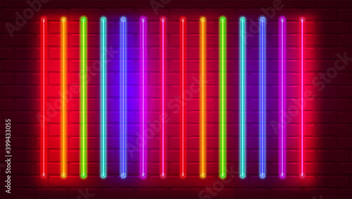 Set of vertical glowing neon tube. Neon light on brick wall. Vector template, 3d illustration.