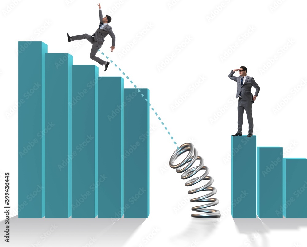 Business people jumping over bar charts Business people jumping over bar charts