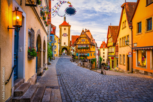 Morning view of untere Schmiedgasse street at the old town of Rothenburg ob der Tauber. Bavaria, Germany