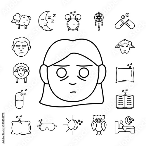 woman and bundle of insomnia set icons