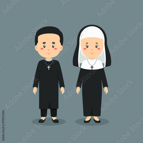 Cute Character Catholic Priest and Nun