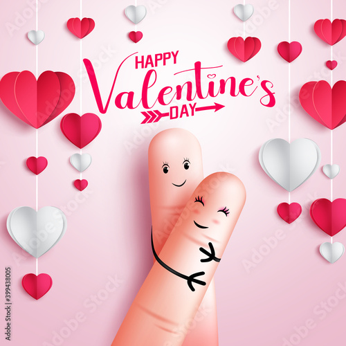 Valentines day couple vector background design. Happy valentine's day text with sweet and hugging finger lovers for romantic relationship valentines day design. Vector illustration
