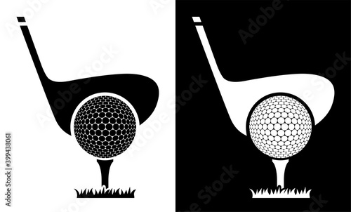 golf club icon with ball on tee. Golfer takes aim for precise and powerful shot. Sport competition. Vector