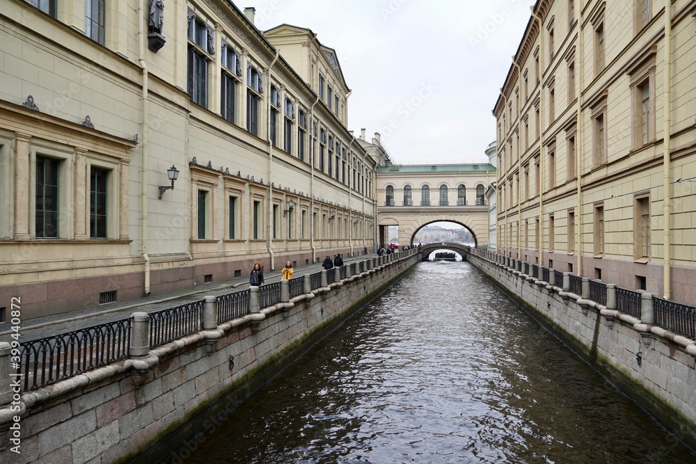 St. Petersburg, Russia - November, 2020 Bridge of Winter channel near the buildings Ermitage Museum. Historical centre of the city, Famous Arch 