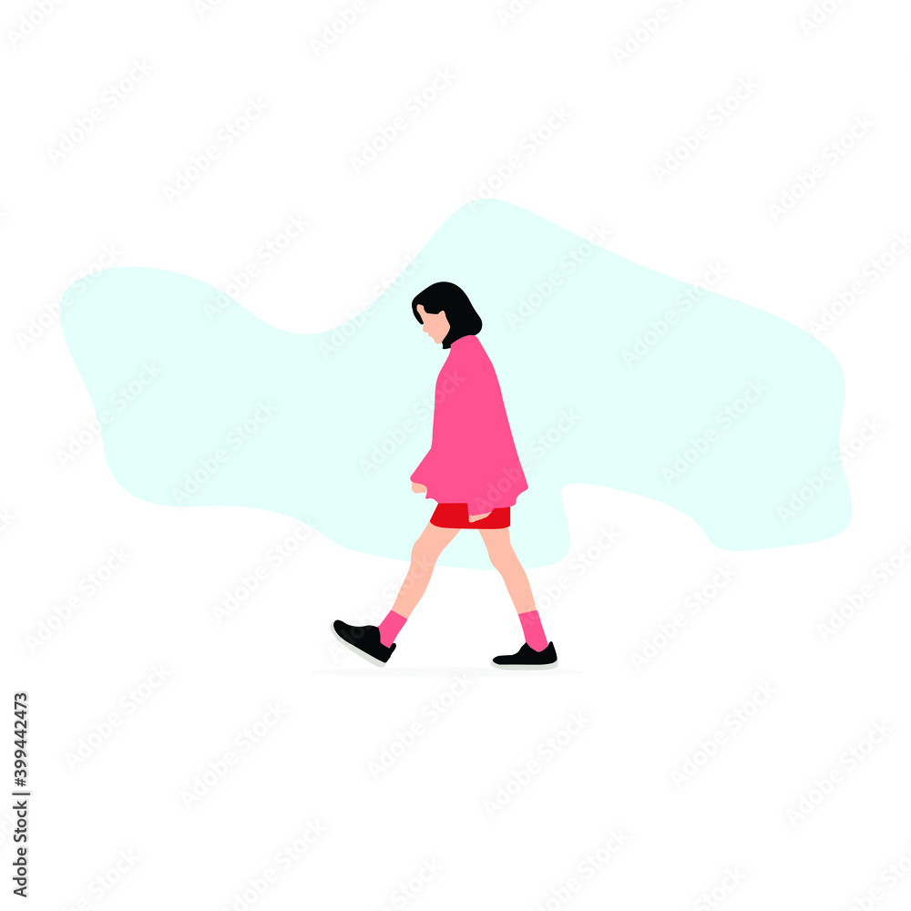 young girl walking with clear background flat design, flat ilustrator, flat character, eps 10
