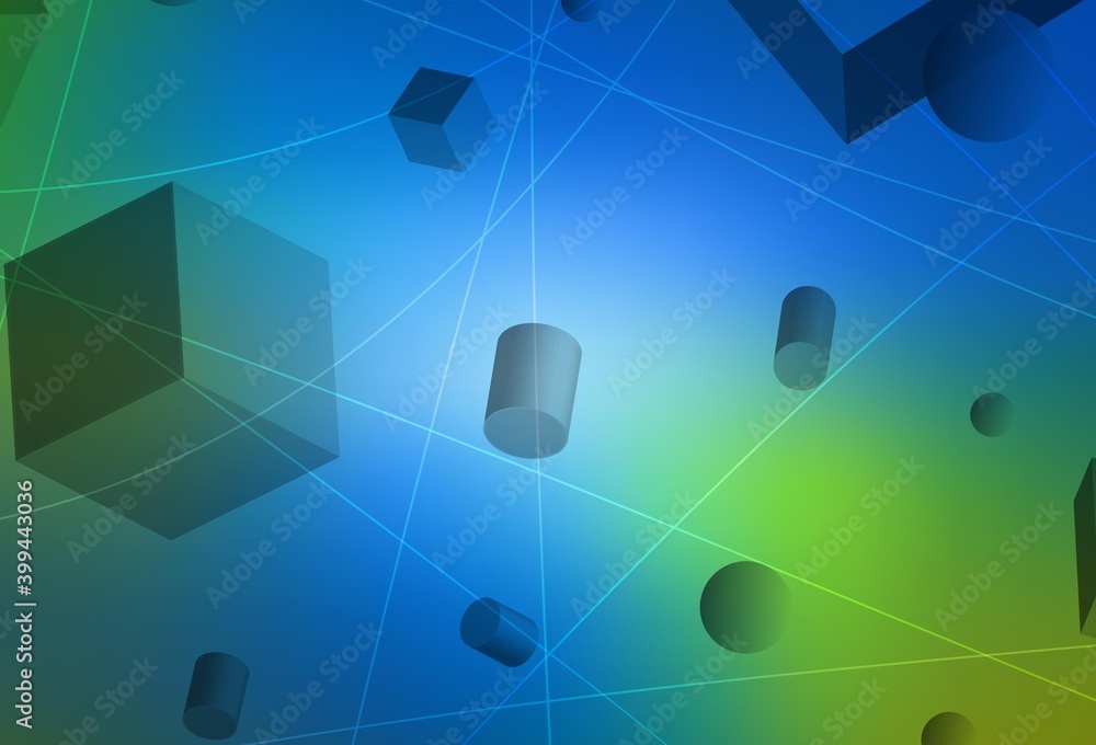 Light Blue, Green vector layout with 3D cubes, cylinders, spheres, rectangles.