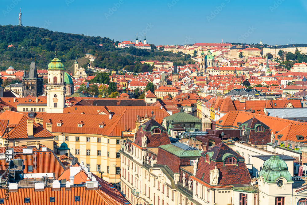 Architecture of Prague viewed from above. Prague's rooftops. Czech republic