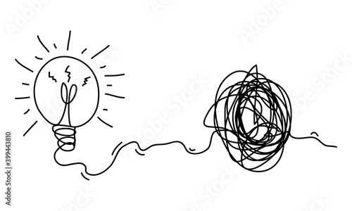 scribble line doodles. the idea concept of transition from complicated to simple with bulb lamp, isolated on white background. vector illustrations