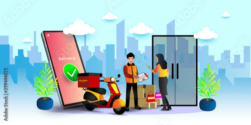 Online delivery service concept, online order tracking, City logistics. Warehouse, truck, forklift, courier, delivery man, on mobile. Vector illustration