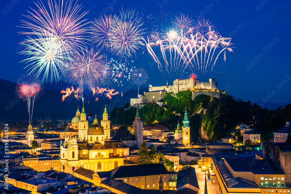 Fototapeta premium Fireworks display near Salzburg Festung Hohensalzburg fortress, Austria