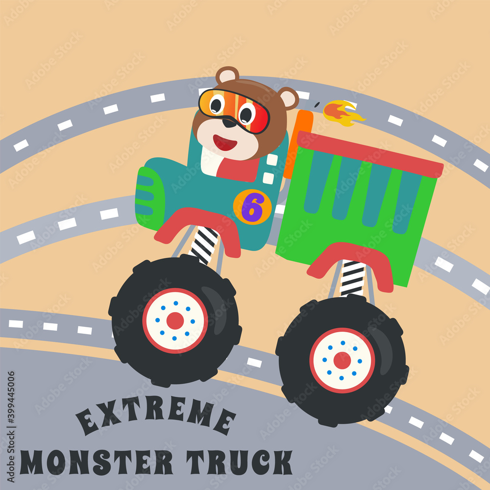 Fototapeta premium Cartoon vector of monster truck with little animal driver. Can be used for t-shirt print, kids wear fashion design, invitation card. fabric, textile, nursery wallpaper, poster and other decoration.