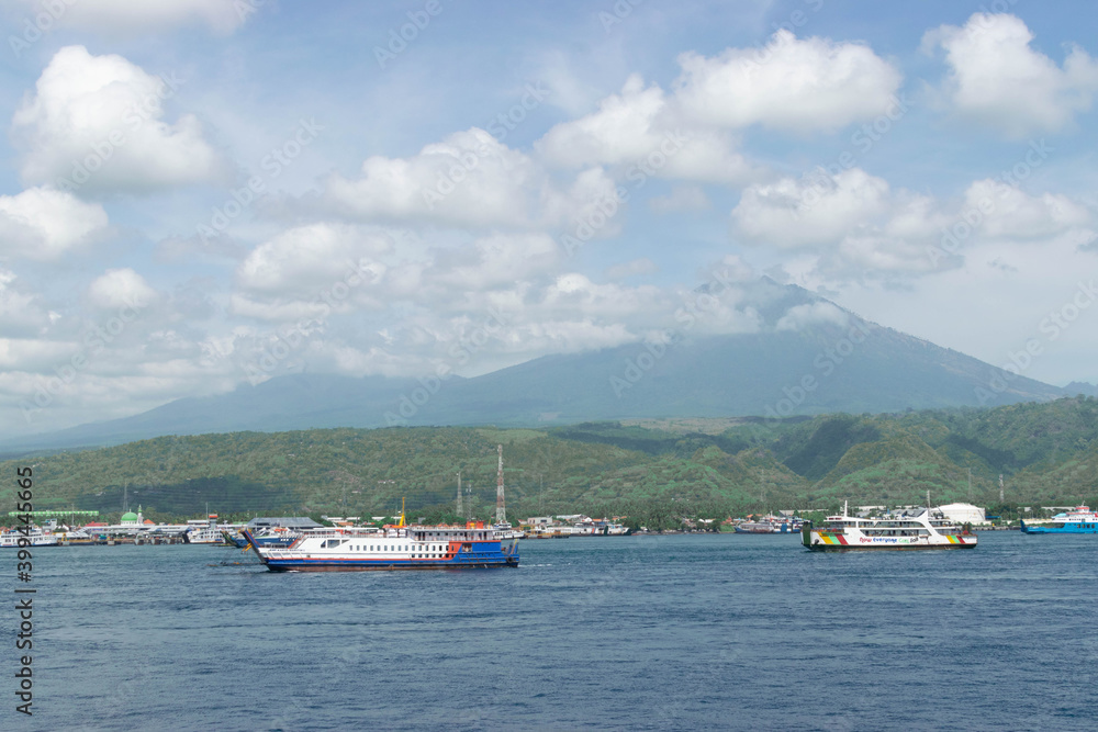 Banuwangi, Indonesia - November 17, 2020: The Ferry in the sea at Port of Ketapang, located in Ketapang Village, Banyuwangi Regency, East Java, Indonesia that connects eastern coast  of Java with Bali