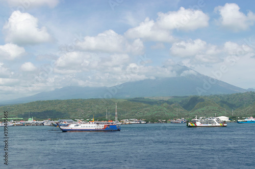 Banuwangi, Indonesia - November 17, 2020: The Ferry in the sea at Port of Ketapang, located in Ketapang Village, Banyuwangi Regency, East Java, Indonesia that connects eastern coast of Java with Bali