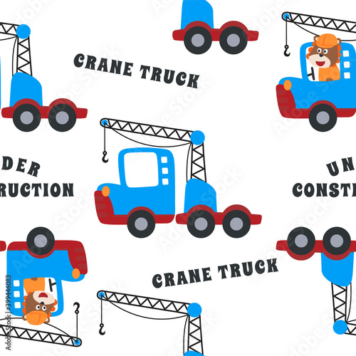 Seamless pattern of construction vehicle cartoon with funny animals woorker. Creative vector childish background for fabric, textile, nursery wallpaper, card, poster and other decoration. photo