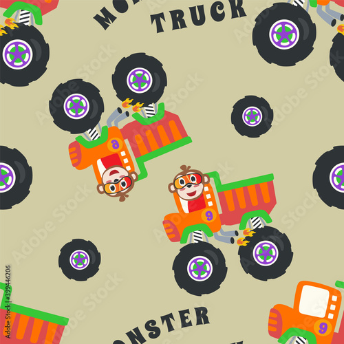 seamless pattern monster trucks with animal driver, Creative vector childish background for fabric, textile, nursery wallpaper, card, poster and other decoration.