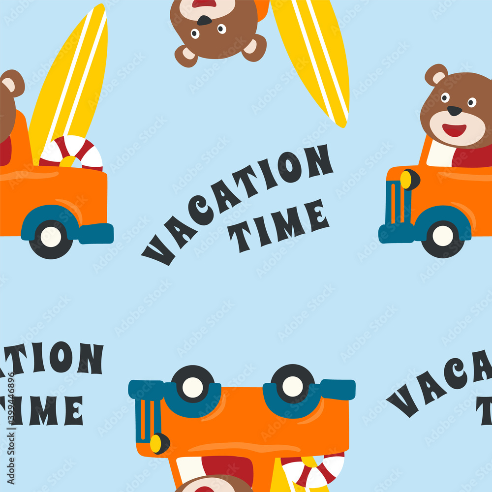 Seamless pattern vector of vehicle cartoon with funny animal. Creative vector childish background for fabric, textile, nursery wallpaper, card, poster and other decoration. Seamless pattern vector of vehicle cartoon with funny animal. Creative vector childish background for fabric, textile, nursery wallpaper, card, poster and other decoration.
