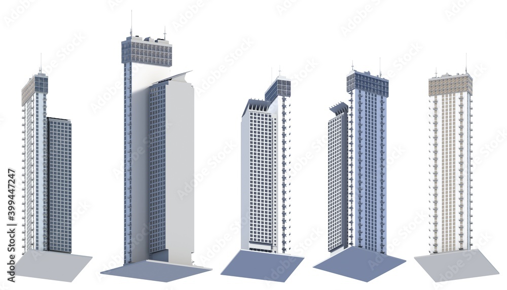 Obraz premium 5 low view renders of fictional design corporate tall buildings block of flat towers with sky reflections - isolated on white, 3d illustration of architecture
