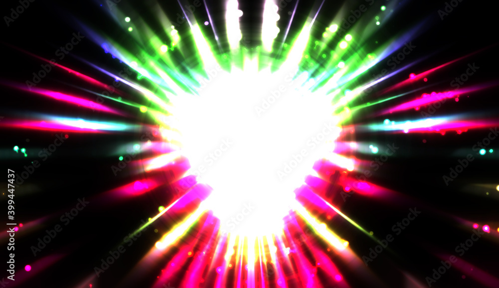 Fototapeta premium Pretty background of crossing beams of light and glowing particles. Wallpaper of vibrant colorful lights. Shinny light display..