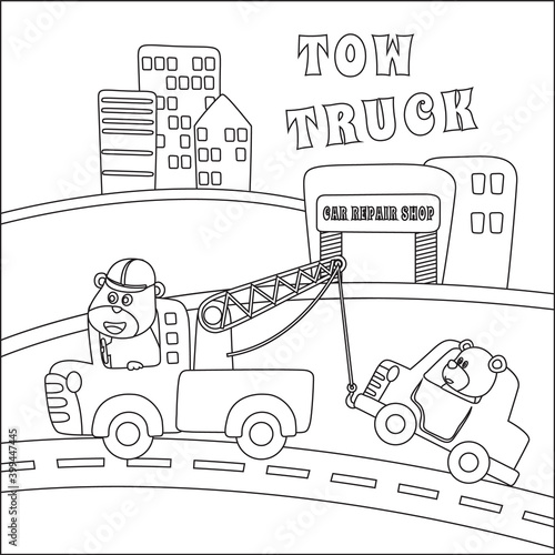 coloring book or page of tow truck cartoon with funny driver, Cartoon isolated vector illustration, Creative vector Childish design for kids activity colouring book or page.