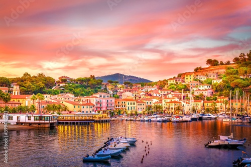 Harbor and village  Porto Azzurro at sunset, Elba islands, Tuscany, Italy.