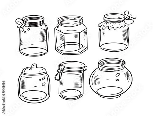 Engraving black and jars set. Hand drawing vector illustration.
